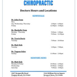 Business hours with day & time for each doctor. Updated June 2026