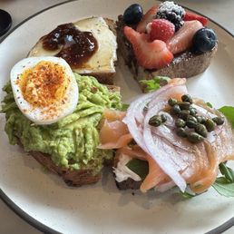 Toast Sampler Fig Jam + Ricotta Nutella Berries Avocado + Egg Applewood Smoked Salmon Toast w/ cream cheese Toast Sampler Fig Jam + Ricotta Nutella Berries Avocado + Egg Applewood Smoked Salmon Toast w/ cream cheese