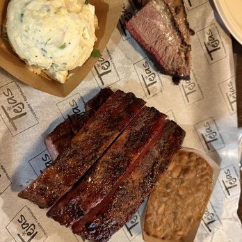 Tejas Chocolate Craftory - Ribs and brisket with potato salad and pinto beans - Chocolatiers & Shops Near Me - Tomball, Texas