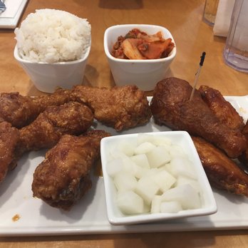 Bonchon Norfolk - Soy Garlic and Spicy (it's the half and half) wing and drum plate with pickled radish, kimchi, and rice. Awwwww Yeah!!!! Oh so Ono - Chicken Wings Near Me - Norfolk, Virginia