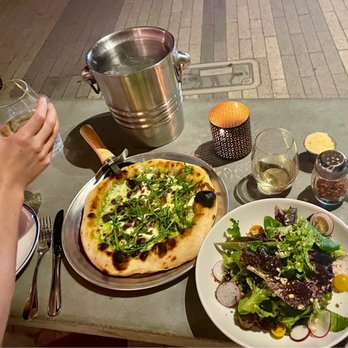 Juniper Table - 'Shrooms pizza and house salad. - New American Near Me - Palm Springs, California