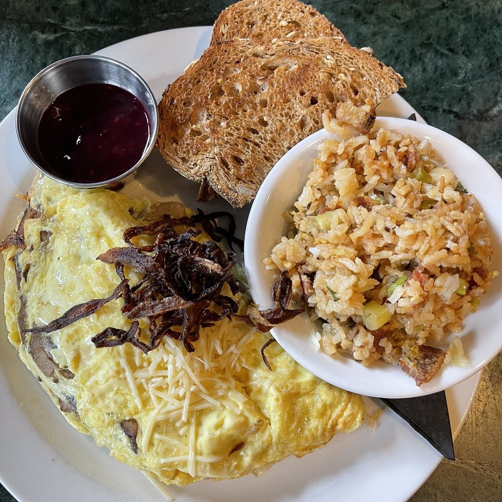 Toast - Wild Mushroom omelette & a side of Bacon-Fried Rice - all so delicious! - Breakfast & Brunch Near Me - Birmingham, Michigan Toast - Wild Mushroom omelette & a side of Bacon-Fried Rice - all so delicious! - Breakfast & Brunch Near Me - Birmingham, Michigan