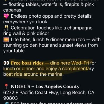 Nigel's Waterfront Restaurant - Collab influencers on IG got us thinking we get a free boat ride - Bars Near Me - Long Beach, California Nigel's Waterfront Restaurant - Collab influencers on IG got us thinking we get a free boat ride - Bars Near Me - Long Beach, California