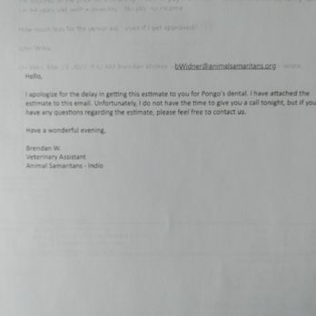 Animal Samaritans Veterinary Clinic Indio - Note confirming they failed to provide me the quote before billing my card the $440.00 - Veterinarians Near Me - Indio, California Animal Samaritans Veterinary Clinic Indio - Note confirming they failed to provide me the quote before billing my card the $440.00 - Veterinarians Near Me - Indio, California