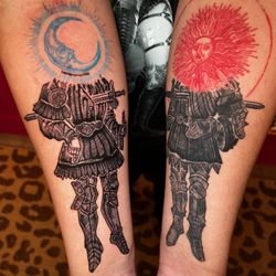 Wrapped In Plastic Ink - Matching sun and moon woodcut style tattoos reproduced with artist Micah Ulrich permission by Mandi at Wrapped in Plastic INK, Costa Mesa