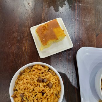 Caribbean Roots - Yellow rice with pigeon peas and sweet corn bread - Caribbean Near Me - Gary, Indiana