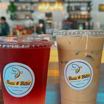 Buzz & Bites - 16 oz. Iced Love Potion & 20 oz. Iced Buzz Lavender Latte - Coffee & Tea Near Me - Houston, Texas