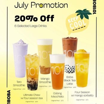 101 Boba - July 2024 Promotion! 20% OFF on Select 6 Drinks! - Bubble Tea Near Me - Vancouver, British Columbia
