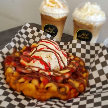 Mr. Churro - Supreme funnel cake w/ 3 leches ice cream, horchata iced latte and caramel ice latte - Desserts Near Me - Anaheim, California
