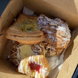 Mike's Bakery - Lorraine quiche, raspberry pastry, custard pastry, chocolate almond croissant, pecan pastry!