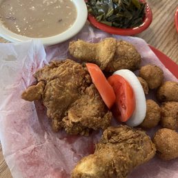 Fried chicken, Northern beans, collard greens and hush puppies!! Fried chicken, Northern beans, collard greens and hush puppies!!