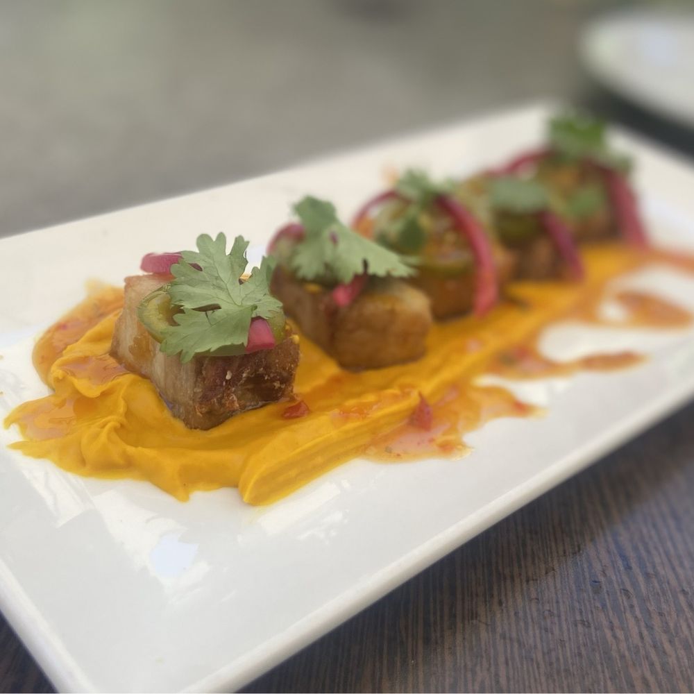 Crispy pork belly with ginger-Sesame-Soy Marinated Ahi Tuna, Crispy Wonton, Avocado Wasabi Mousse Crispy pork belly with ginger-Sesame-Soy Marinated Ahi Tuna, Crispy Wonton, Avocado Wasabi Mousse