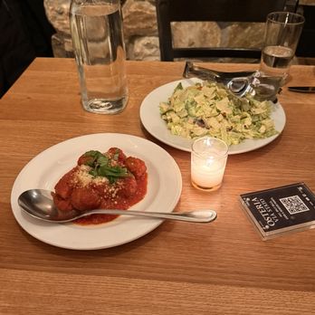 Osteria Via Stato - Veal Meatballs with Simple Tomato Sauce and Classic Caesar Salad - Italian Near Me - Chicago, Illinois Osteria Via Stato - Veal Meatballs with Simple Tomato Sauce and Classic Caesar Salad - Italian Near Me - Chicago, Illinois