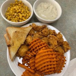 Eagles Corner - Kiddie jalapeño bites, corn with waffle sweet potato fries and white gravy.
