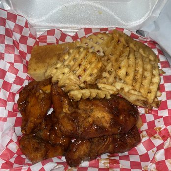 Dirtybirdz - 4 Piece Tenders Plate (Cajun BBQ) with Waffle fries and cornbread - Seafood Near Me - Charlotte, North Carolina