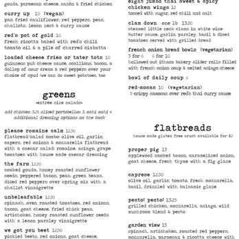 Red's Place - The menu from Red's includes sections for plates to share, greens, flatbreads, and other dishes. It features items such as shrimp, tacos, chicken wings, and vegetarian options like curry up and clam down. Sides include cheese fries, tater tots, and daily soup. Flatbreads include proper pig, caprese, pesto pesto, garden view, and Betty's white. Descriptions specify ingredients and preparation details, with prices listed for each item. - New American Near Me - Ithaca, New York