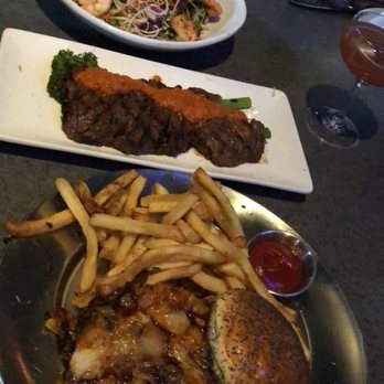Eureka! - (Top-bottom) shrimp salad, skirt steak with broccolini and chimichurri sauce, and the short rib kimchi burger! - American Near Me - Concord, California Eureka! - (Top-bottom) shrimp salad, skirt steak with broccolini and chimichurri sauce, and the short rib kimchi burger! - American Near Me - Concord, California