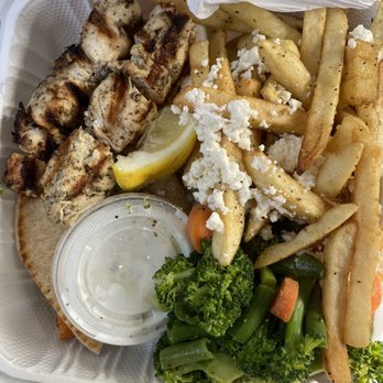 Georges Greek On Second - Chicken souvlaki plate with feta garlic fries - Greek Near Me - Long Beach, California Georges Greek On Second - Chicken souvlaki plate with feta garlic fries - Greek Near Me - Long Beach, California