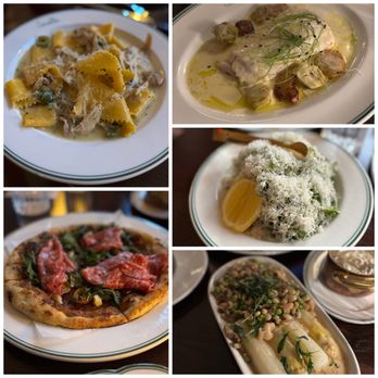 Sorelle - Papperdelle with braised rabbit, Wagyu pizza, pillows of gold, arugula salad, asparagus - Italian Near Me - Charleston, South Carolina