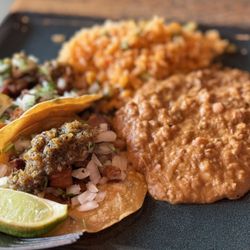 Holé Molé - Pork Belly Tacos, rice & beans