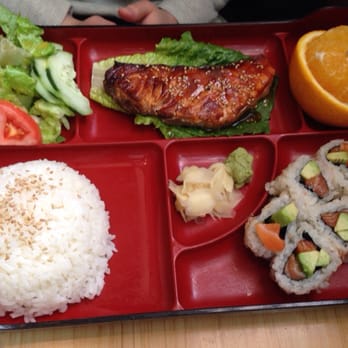 Douzo - Selection bento lunch special for $14.25 every day, 11:30 am to 2:55 pm. This dish combo is salmon teriyaki and Alaskan maki. - Sushi Bars Near Me - Boston, Massachusetts