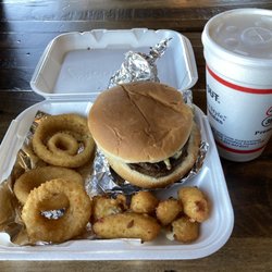 Cook Out - Double hamburger (dressed to order with ketchup, mustard, and pickle only), onion rings, cheese bites, and a chocolate shake.