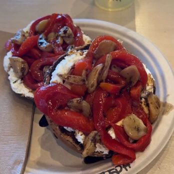 Salt - Toasted bagel, goat cheese (substitute with cream cheese) roasted peppers, garlic... love it - Breakfast & Brunch Near Me - Lincoln City, Oregon