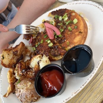Mae's West Chester - Chorizo, Swiss, green onion pancake with fermented garlic honey - Barbeque Near Me - West Chester, Pennsylvania Mae's West Chester - Chorizo, Swiss, green onion pancake with fermented garlic honey - Barbeque Near Me - West Chester, Pennsylvania