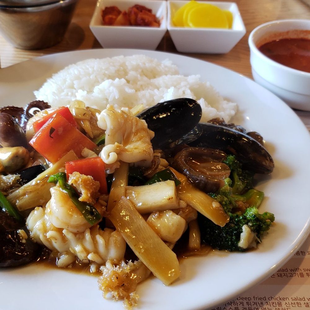Chai Lan - Jap Tang Bap (mixed seafood with vegetables over rice) served with Jjampong soup. $15 - Chinese Near Me - Irvine, California