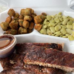 Rib Shack - Rib plate, fried okra and Lima beans