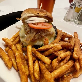 RBG Bar & Grill - Burger with fries and Amber craft Pour. - New American Near Me - Phoenix, Arizona