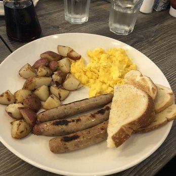 Taste Cafe - Two eggs breakfast with Chicken Apple Sausage and home potatoes - Breakfast & Brunch Near Me - Half Moon Bay, California Taste Cafe - Two eggs breakfast with Chicken Apple Sausage and home potatoes - Breakfast & Brunch Near Me - Half Moon Bay, California