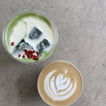 Immersion - Strawberry matcha (left), Latte (right) - Coffee & Tea Near Me - San Diego, California Immersion - Strawberry matcha (left), Latte (right) - Coffee & Tea Near Me - San Diego, California