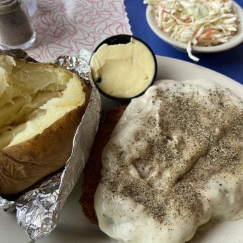The Pine Grove Diner - Chicken fried steak with baked potato side, coleslaw and french fries. - American Near Me - Pine Grove, Pennsylvania