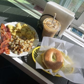 Warren Peace Cafe - Build your own breakfast (left), Caramel toasted marshmallow latte (middle), Coppermans bagel sandwich (right) - Cafes Near Me - Bisbee, Arizona