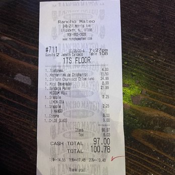 Rancho Mateo - receipt - Steakhouses Near Me - Elizabeth, New Jersey Rancho Mateo - receipt - Steakhouses Near Me - Elizabeth, New Jersey