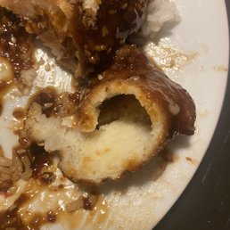 The incredibly thick breading on the sesame chicken. It was soggy and had the texture of dough. So gross. The incredibly thick breading on the sesame chicken. It was soggy and had the texture of dough. So gross.