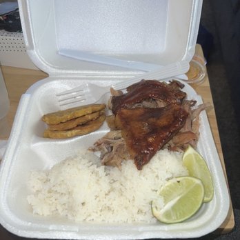 La Palma - Pernil with tostones and white rice - Dominican Near Me - Greensboro, North Carolina La Palma - Pernil with tostones and white rice - Dominican Near Me - Greensboro, North Carolina