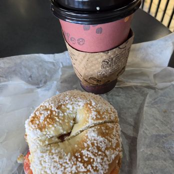 East Coast Bagel - Lox Sandwich on Salt Bagel.with Coffee - Bagels Near Me - Long Beach, California
