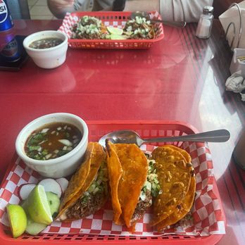 La Birrieria - Quesabirria tacos (3) and birria street tacos (4) side of consume for both - Tacos Near Me - San Antonio, Texas
