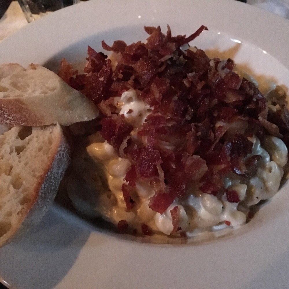 7 West Cafe - Mac and Cheese with bacon added.. not sure why it came with bread. Didn't compliment the meal at all. - Italian Near Me - Toronto, Ontario 7 West Cafe - Mac and Cheese with bacon added.. not sure why it came with bread. Didn't compliment the meal at all. - Italian Near Me - Toronto, Ontario