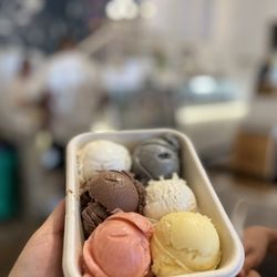 Noble Folk Ice Cream And Pie Bar - Six scoop sampler. Clockwise from top left: salted caramel, black sesame, vanilla bean, passion fruit, strawberry sorbet, Swiss chocolate.