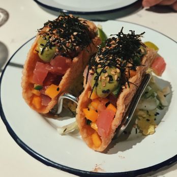 Whiskey Bird - Spicy Ahi Tuna Gyoza Tacos - New American Near Me - Atlanta, Georgia Whiskey Bird - Spicy Ahi Tuna Gyoza Tacos - New American Near Me - Atlanta, Georgia