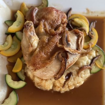 Waypoint Restaurant - ORGANIC HALF CHICKEN Arugula, shiitake mushrooms pan au jus served with potato puree' and seasonal vegetable - Seafood Near Me - Southold, New York