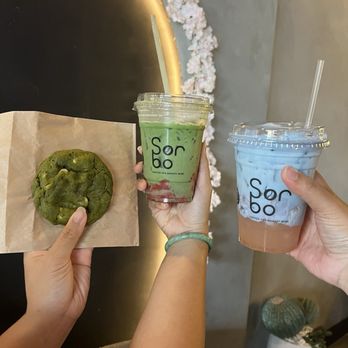 Sorbo - (Left to right) matcha cookie, strawberry matcha, the Blue Momo Latte - Wine Bars Near Me - Wesley Chapel, Florida