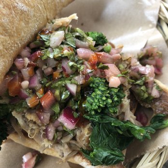 Meat Cheese Bread - Pulled Pork - Braised pork shoulder, grilled rapini, and salsa verde with aioli on toasted ciabatta - 11.00 - Sandwiches Near Me - Portland, Oregon