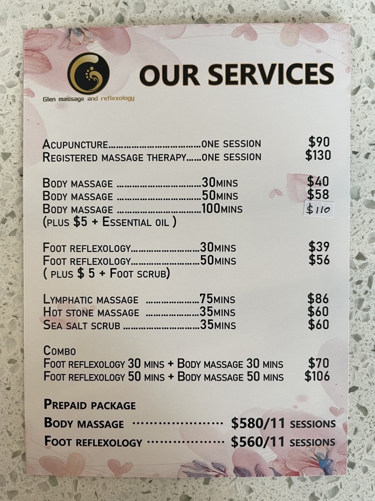 GLEN MASSAGE AND REFLEXOLOGY Updated September 2024 102 3008 Glen