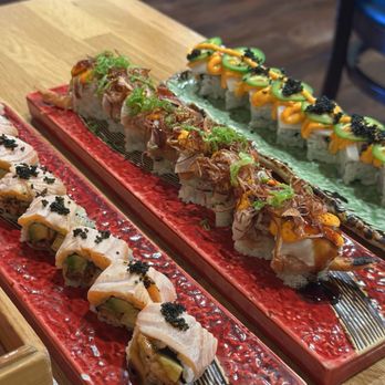 Rantei Japanese Cuisine - From left to right: Rantei Roll, White Dragon Roll, Ginza Roll - Sushi Bars Near Me - Santa Clara, California