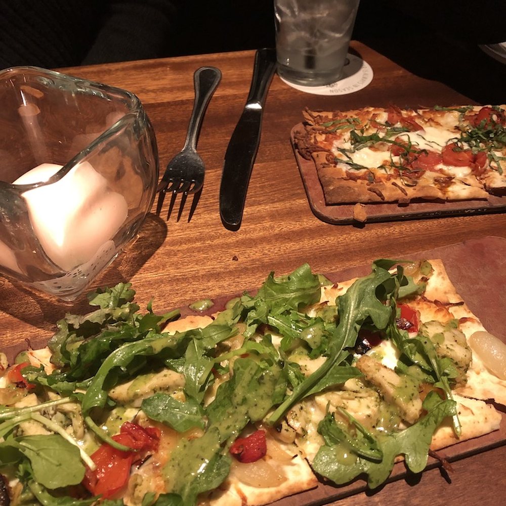Seasons 52 - Front: Chicken Pesto Flatbread, Back: Roasted Roma Tomato Flatbread - New American Near Me - Columbia, Maryland