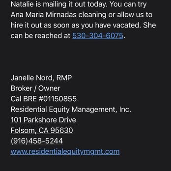 Residential Equity Management - Cleaning lady recommendation from Janelle. - Property Management Near Me - Folsom, California Residential Equity Management - Cleaning lady recommendation from Janelle. - Property Management Near Me - Folsom, California
